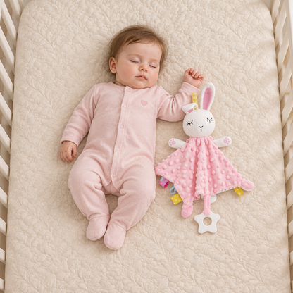 Fille endormie, cadrage resserré, doudou lapin rose à côté