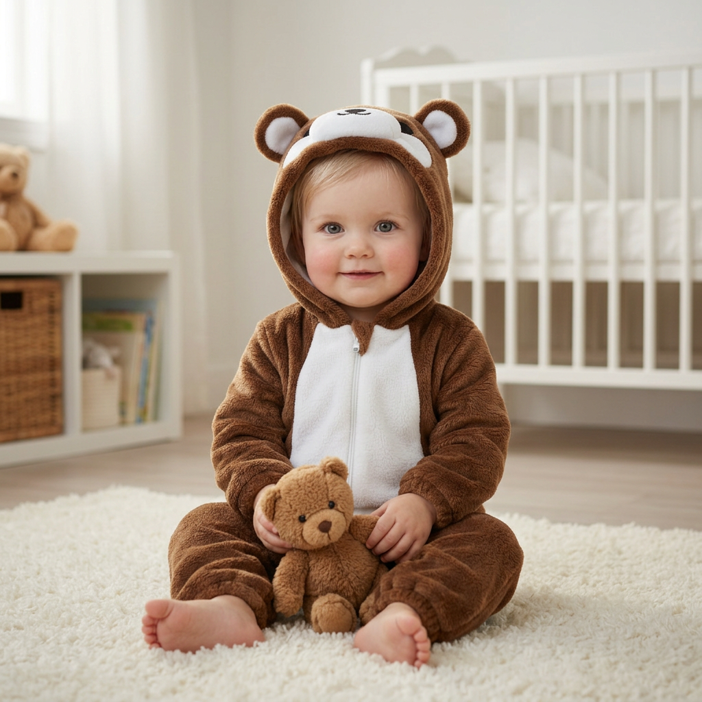 Fille à la peau claire en pyjama ours brun avec sa peluche