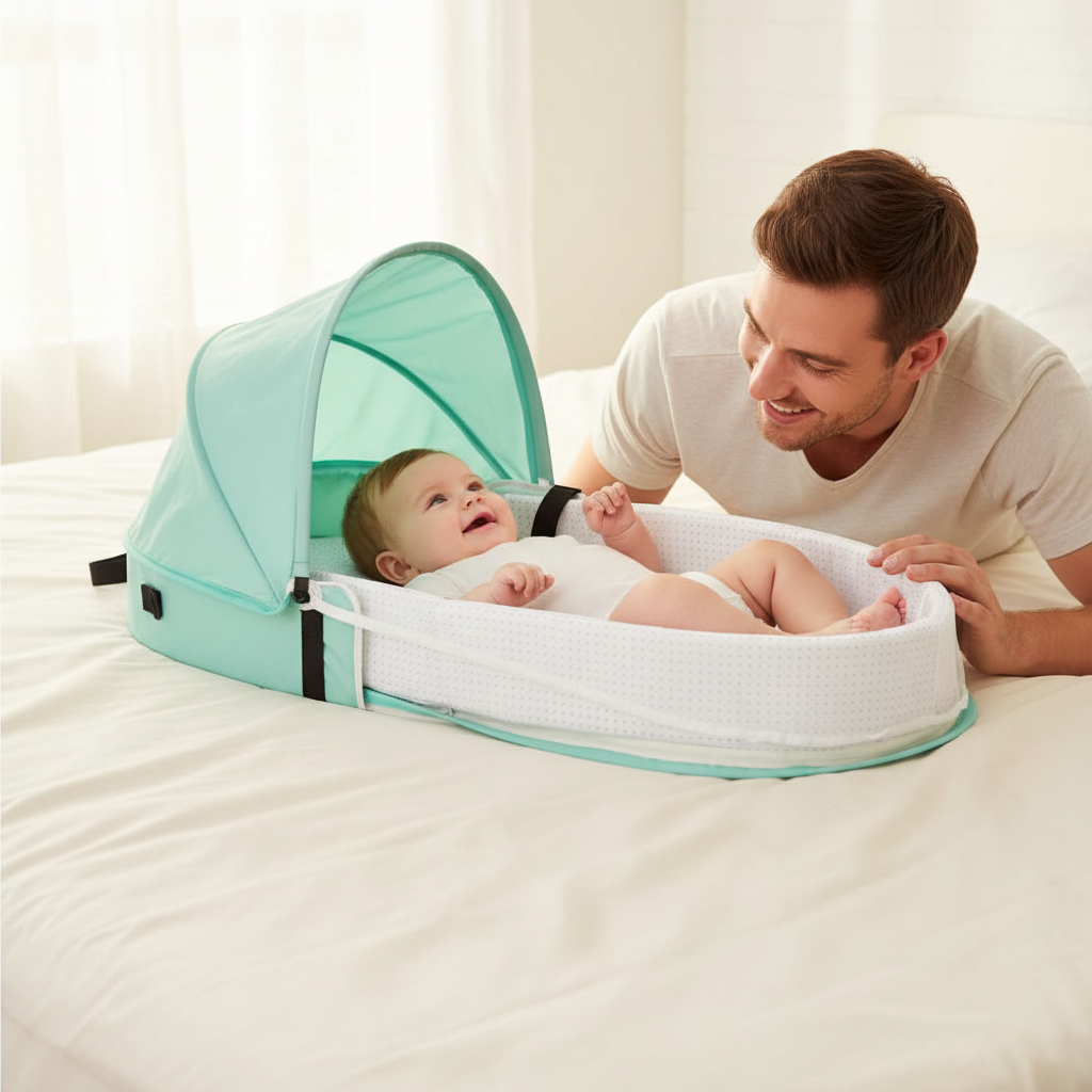Fille souriant à son papa dans le réducteur vert menthe
