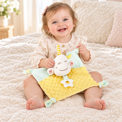 Fille souriante assise avec le doudou licorne