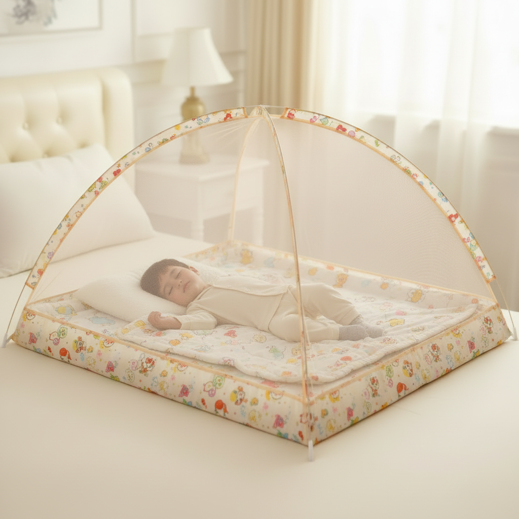 Garçon 5 ans – moustiquaire beige – décor lit crème lampe dorée – 1:1