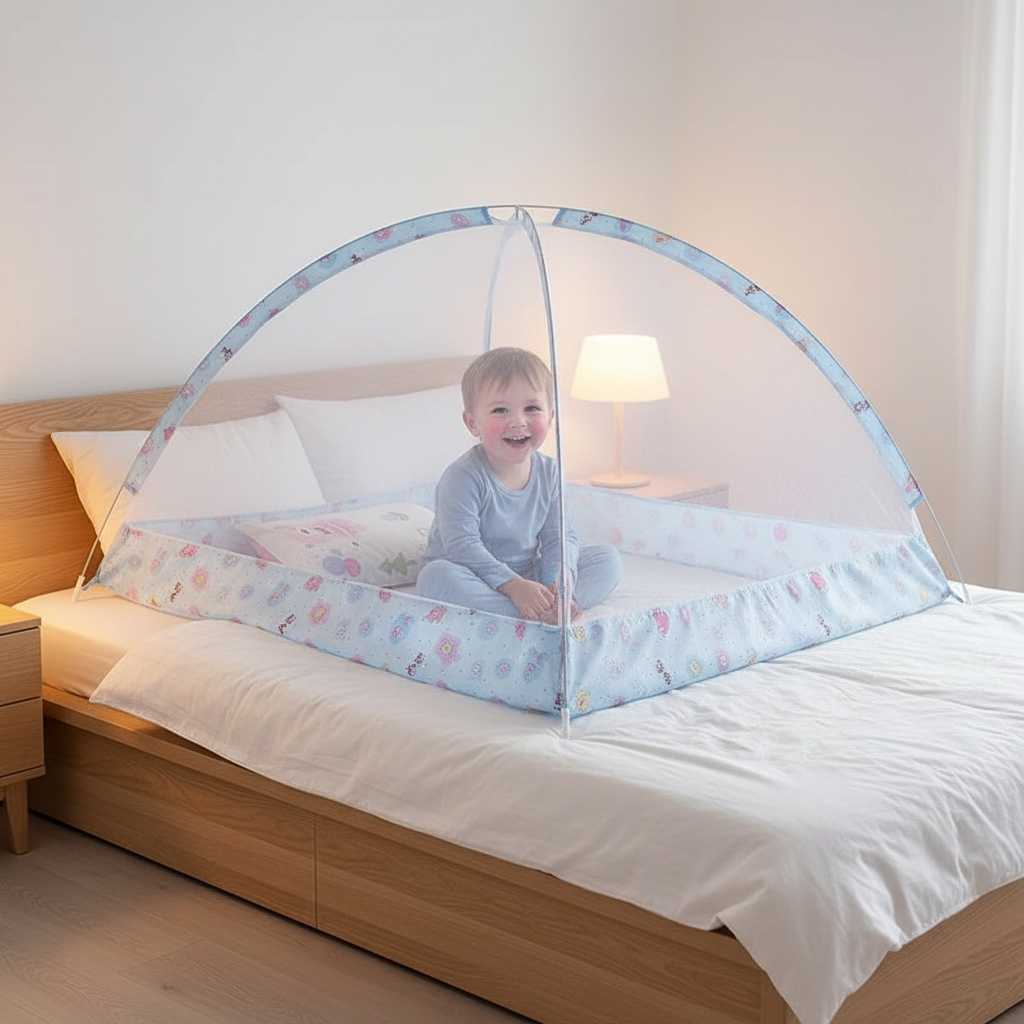 Garçon 5 ans souriant – moustiquaire bleue – décor scandinave – 1:1