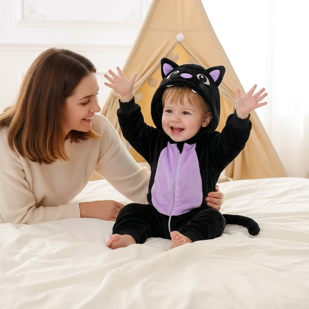 Garçon en pyjama chat noir avec sa maman sur le lit