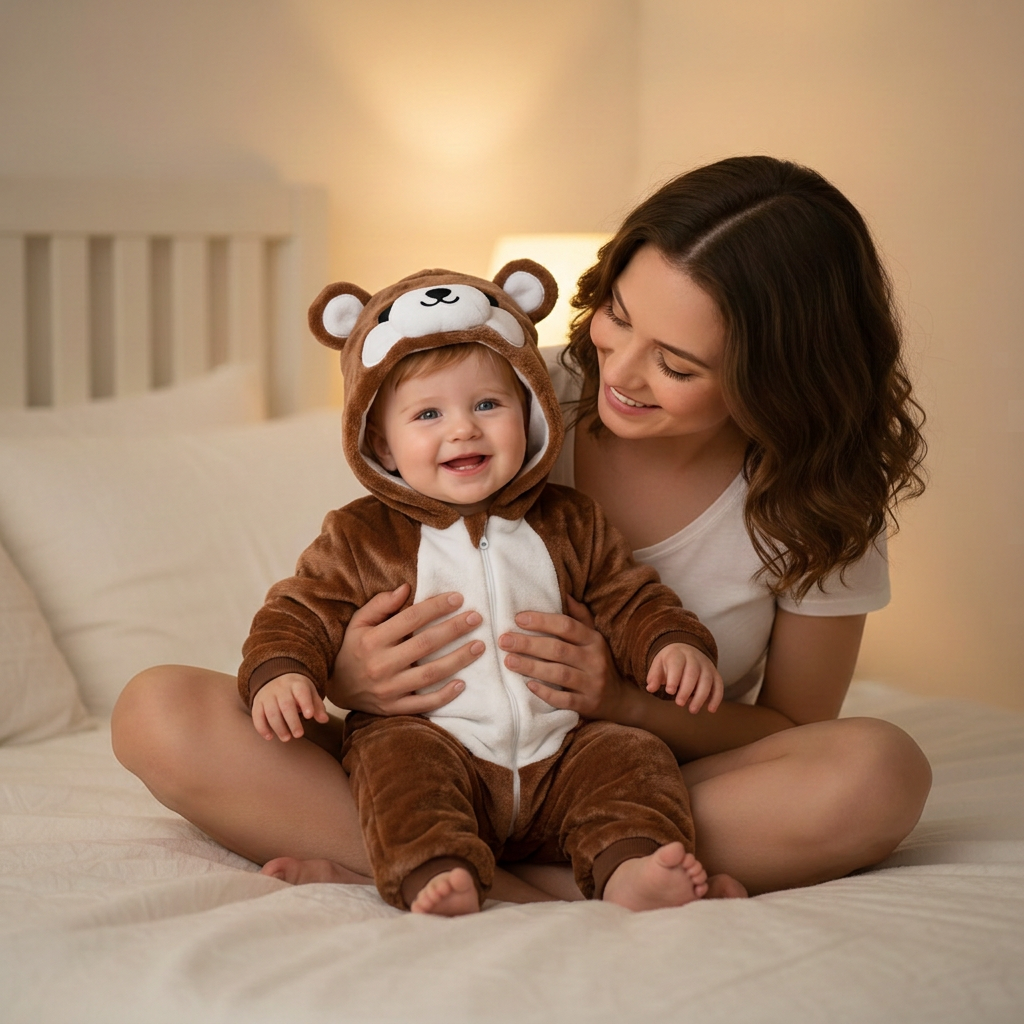 Garçon en pyjama ours brun avec sa maman sur le lit