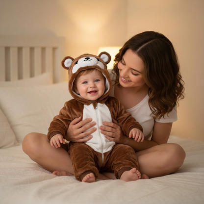 Garçon en pyjama ours brun avec sa maman sur le lit