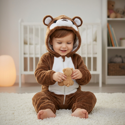 Garçon en pyjama ours brun jouant avec un petit ours