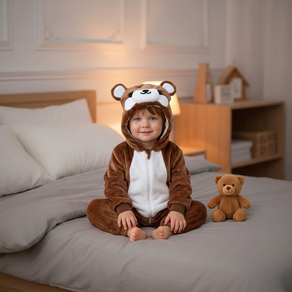 Garçon en pyjama ours brun sur le lit gris avec une petite peluche ours