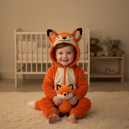 Garçon en pyjama renard avec sa petite peluche