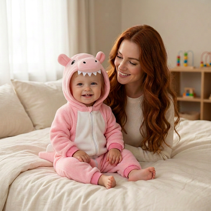 Garçon en pyjama rose avec dents blanches
