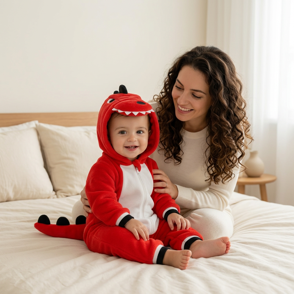 Garçon en pyjama rouge avec maman