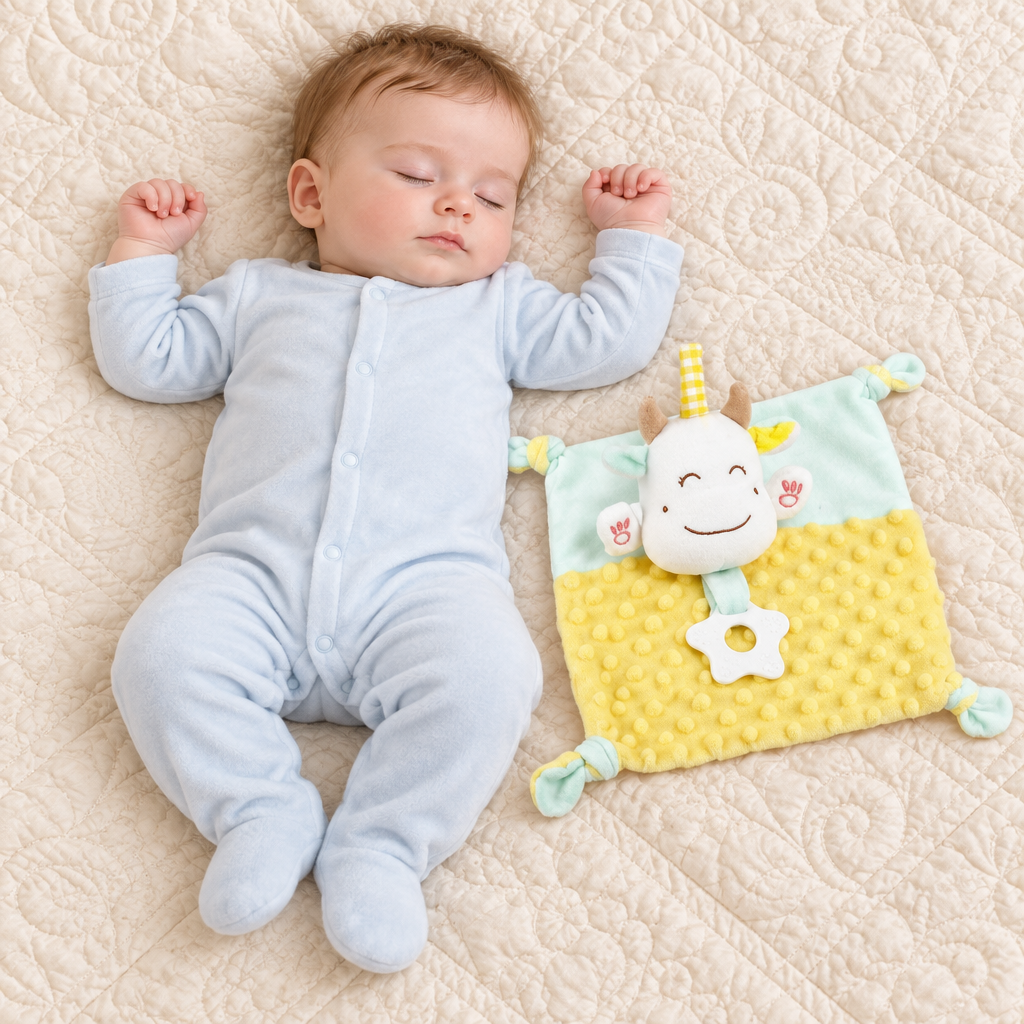 Garçon endormi avec le doudou licorne à côté