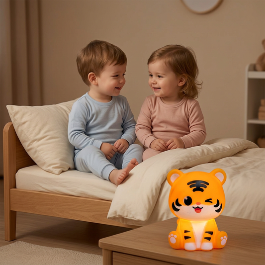 Garçon et fille dans une scène joyeuse avec le Tigre Mignon