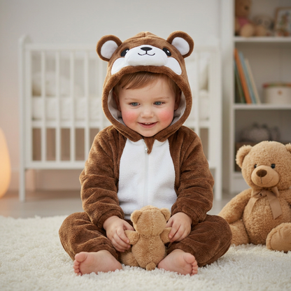 Garçon à la peau claire en pyjama ours brun avec sa peluche
