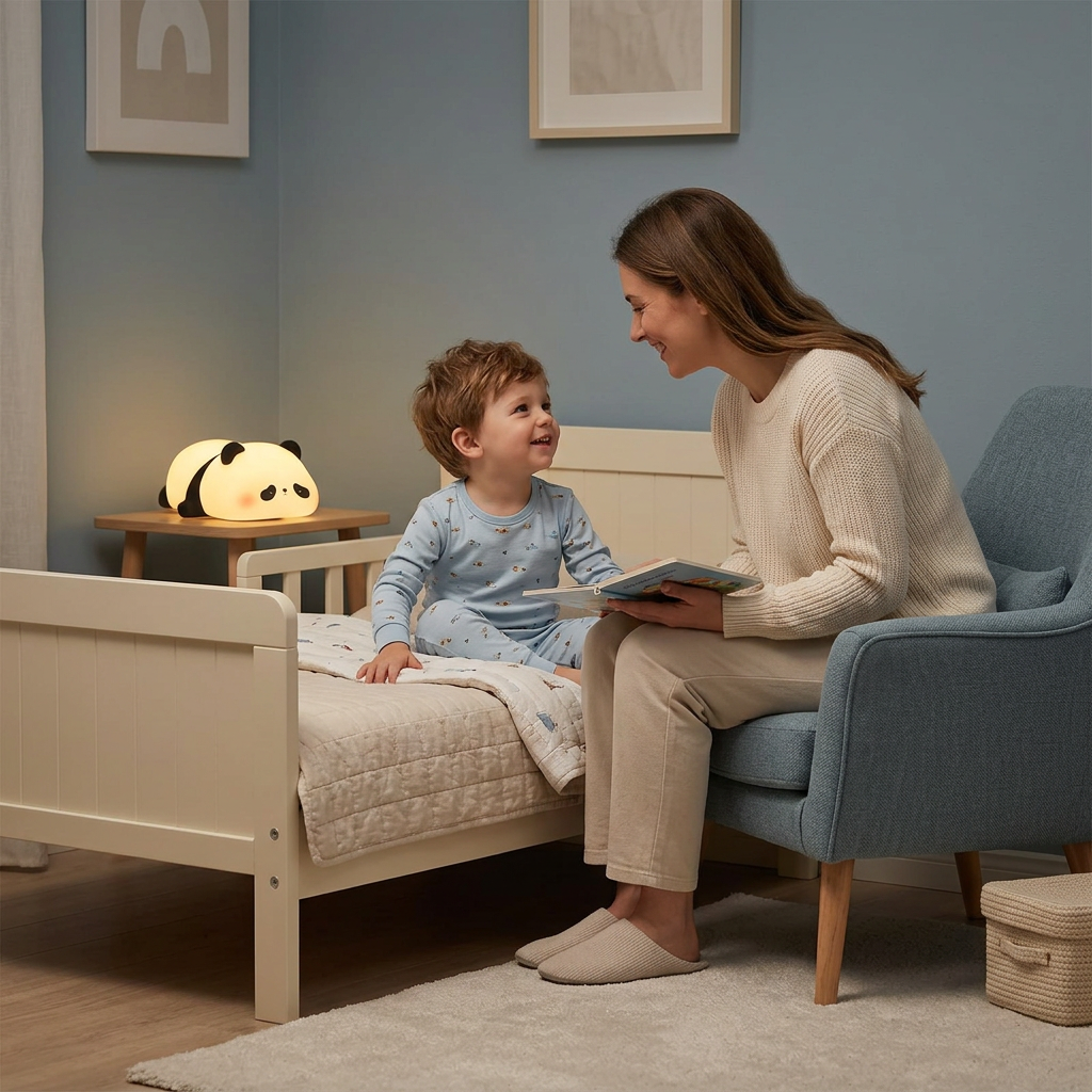 Garçon souriant à sa maman près de la veilleuse panda couché