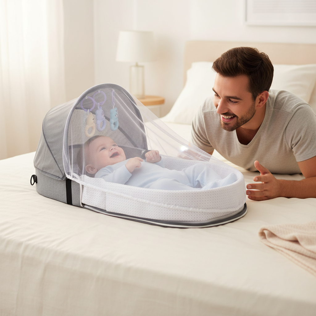 Garçon souriant à son papa dans le réducteur gris