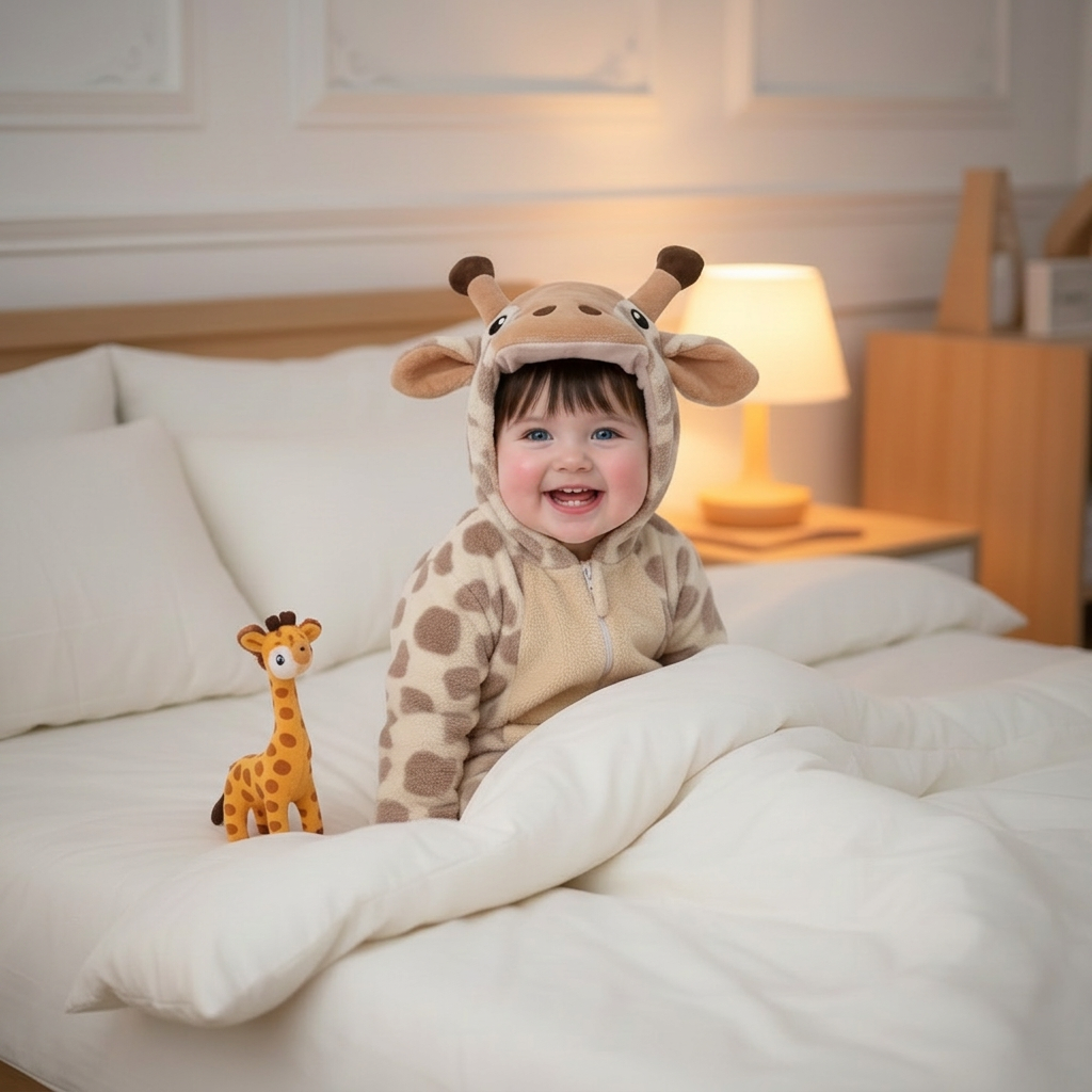 Girafe sous la couette avec un nouveau visage