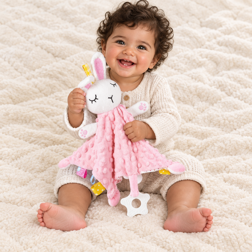 Bébé fille souriante assise avec le doudou lapin rose