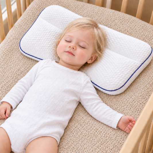 Bébé blond endormi paisiblement sur l'oreiller, dans son lit en bois