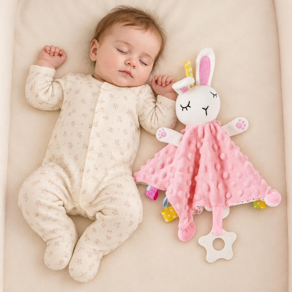 Bébé fille endormie avec le doudou lapin rose