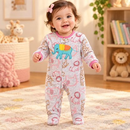 Bébé fille portant le pyjama safari gris à lisere rose