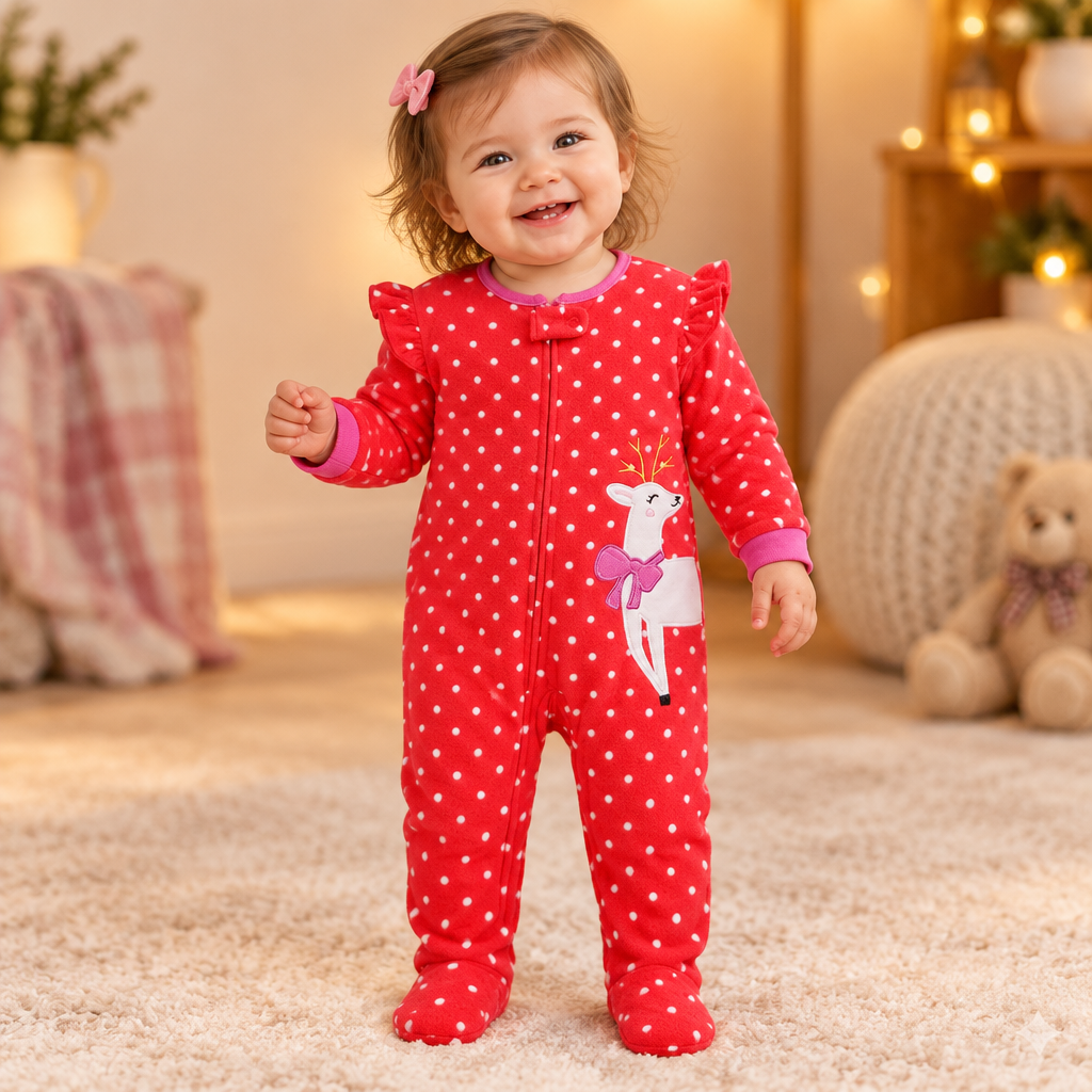 Bébé fille portant le pyjama renne rouge