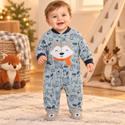 Bébé garçon portant le pyjama loup forêt bleu-gris