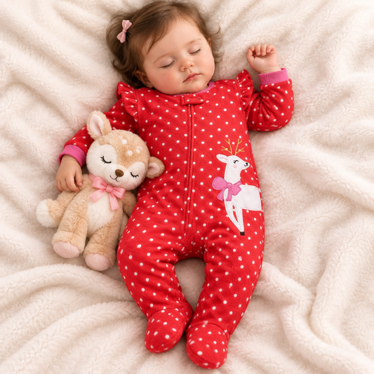 Bébé fille endormie portant le pyjama renne rouge
