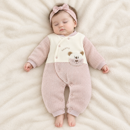 Bébé fille endormie en pyjama rose ourson happy