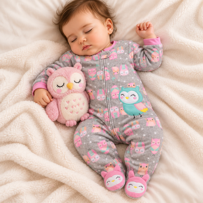 Bébé fille endormie portant le pyjama gris hibou