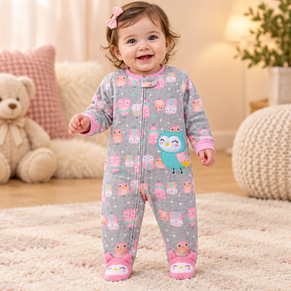 Bébé fille portant le pyjama gris hibou