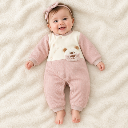 Bébé fille souriante en pyjama rose ourson happy