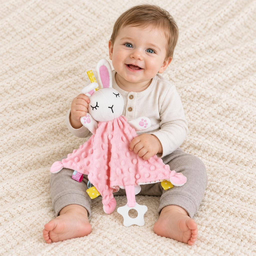 Bébé garçon souriant assis avec le doudou lapin rose