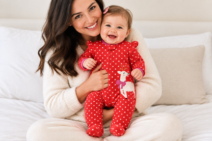 Bébé fille avec sa maman, pyjama renne rouge