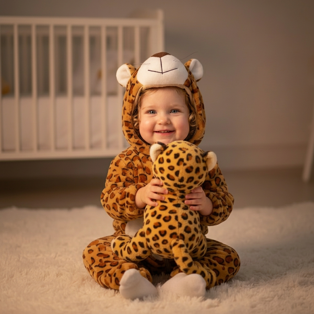 Léopard jouant avec sa peluche avec un nouveau visage
