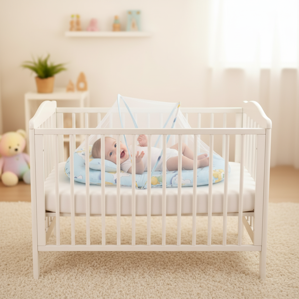 Lit moustiquaire bleu – bébé garçon souriant – nursery cosy – 1:1