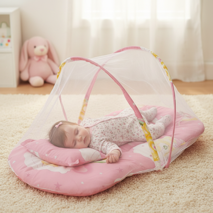 Lit moustiquaire rose – bébé fille endormie – nursery cosy – 1:1