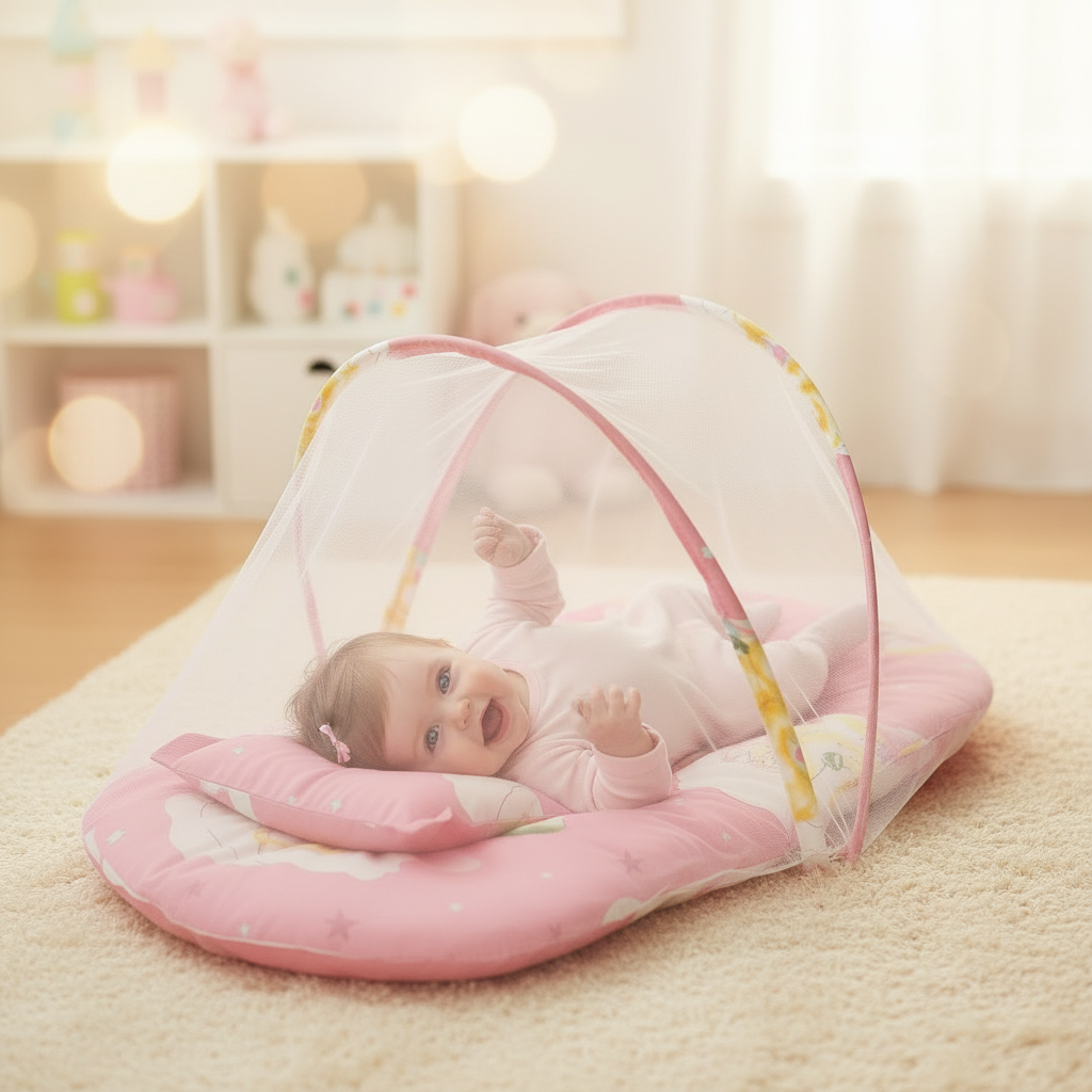 Lit moustiquaire rose – bébé fille souriante – nursery cosy – 1:1