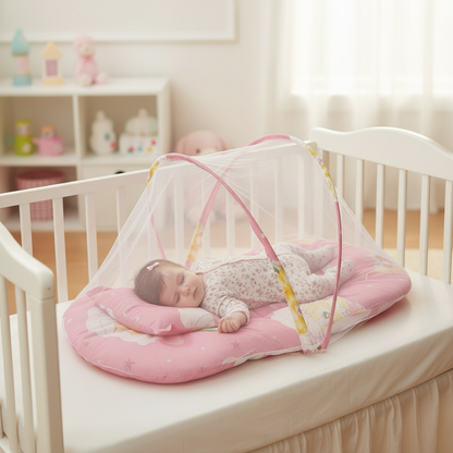 Lit moustiquaire rose – bébé fille – sur lit bébé – nursery cosy – 1:1
