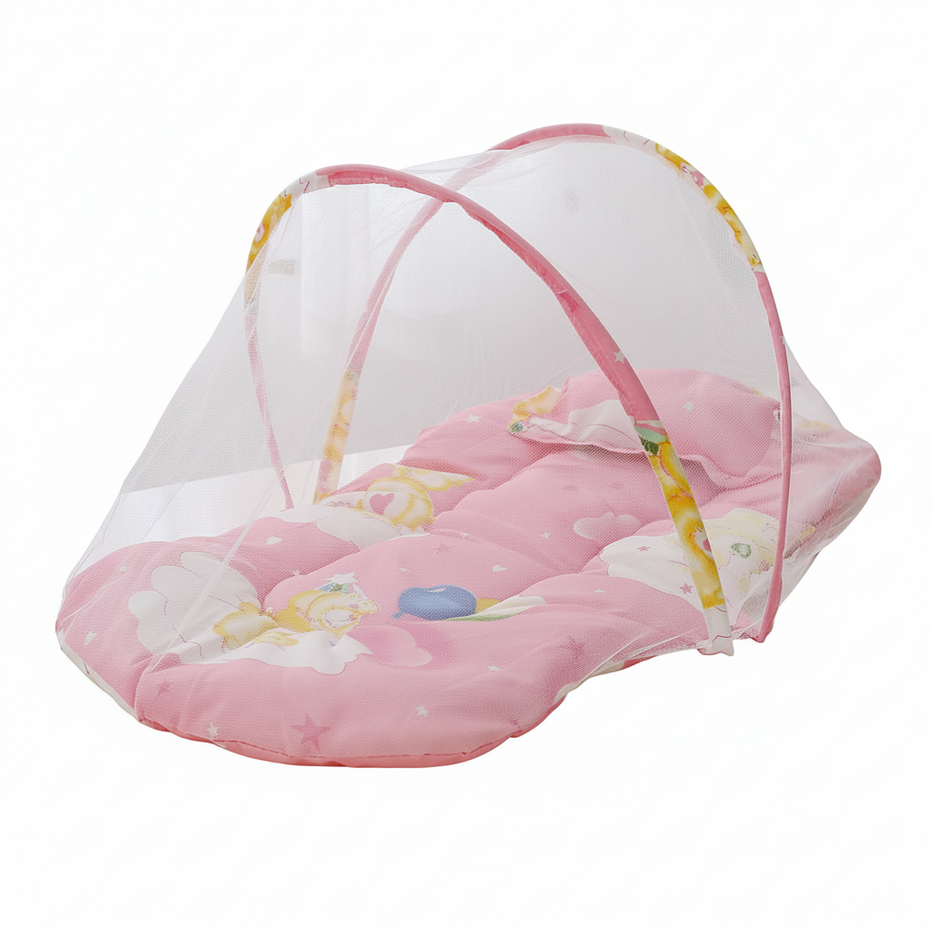 Lit moustiquaire rose – fond blanc studio – 1:1