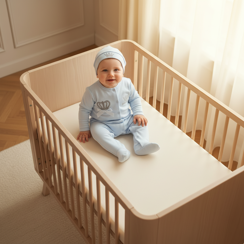 Même petit garçon assis avec pyjama bleu, bonnet et housse confortable