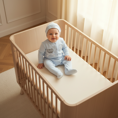 Même petit garçon assis avec pyjama bleu, bonnet et housse confortable