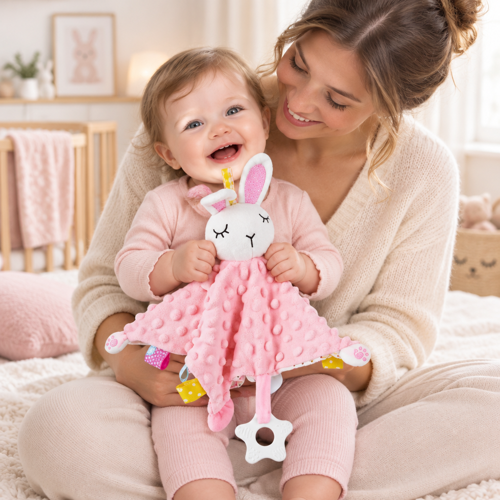 Maman avec sa fille assise et rieuse tenant le doudou lapin rose