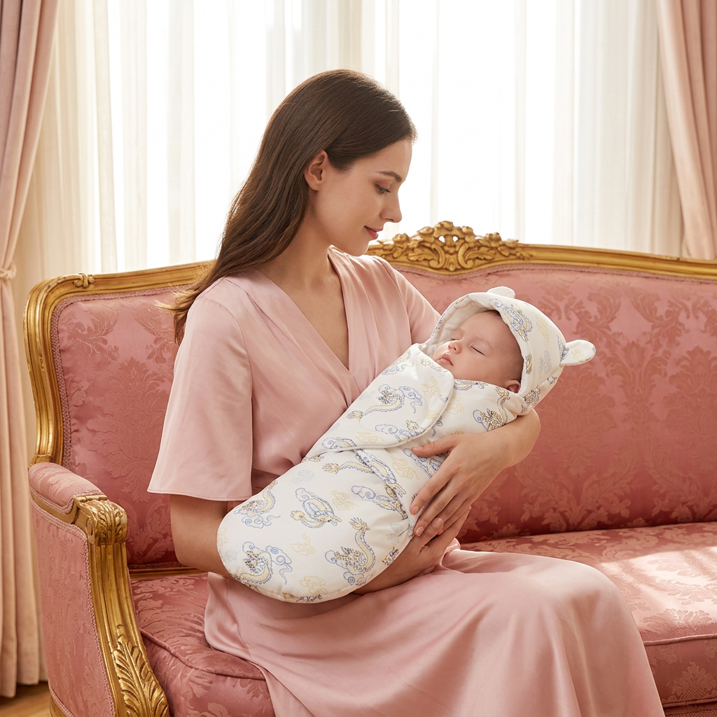 Maman berçant bébé endormi sur un canapé rose et doré