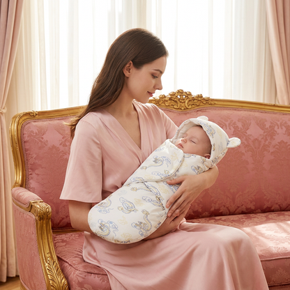 Maman berçant bébé endormi sur un canapé rose et doré