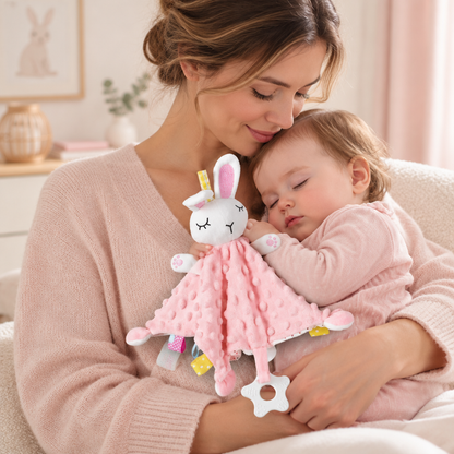 Maman berçant sa fille endormie avec le doudou lapin rose