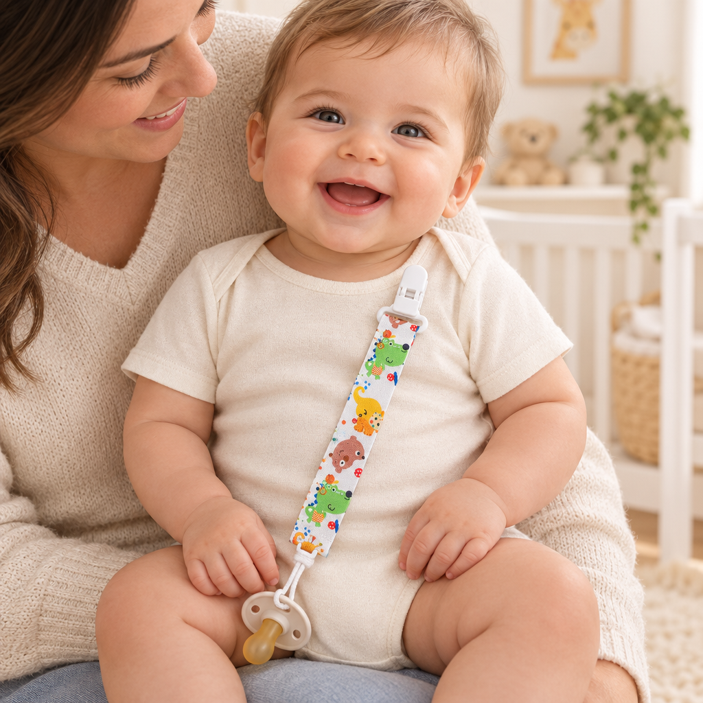 Maman et bébé avec l’attache-tétine à motifs animaux