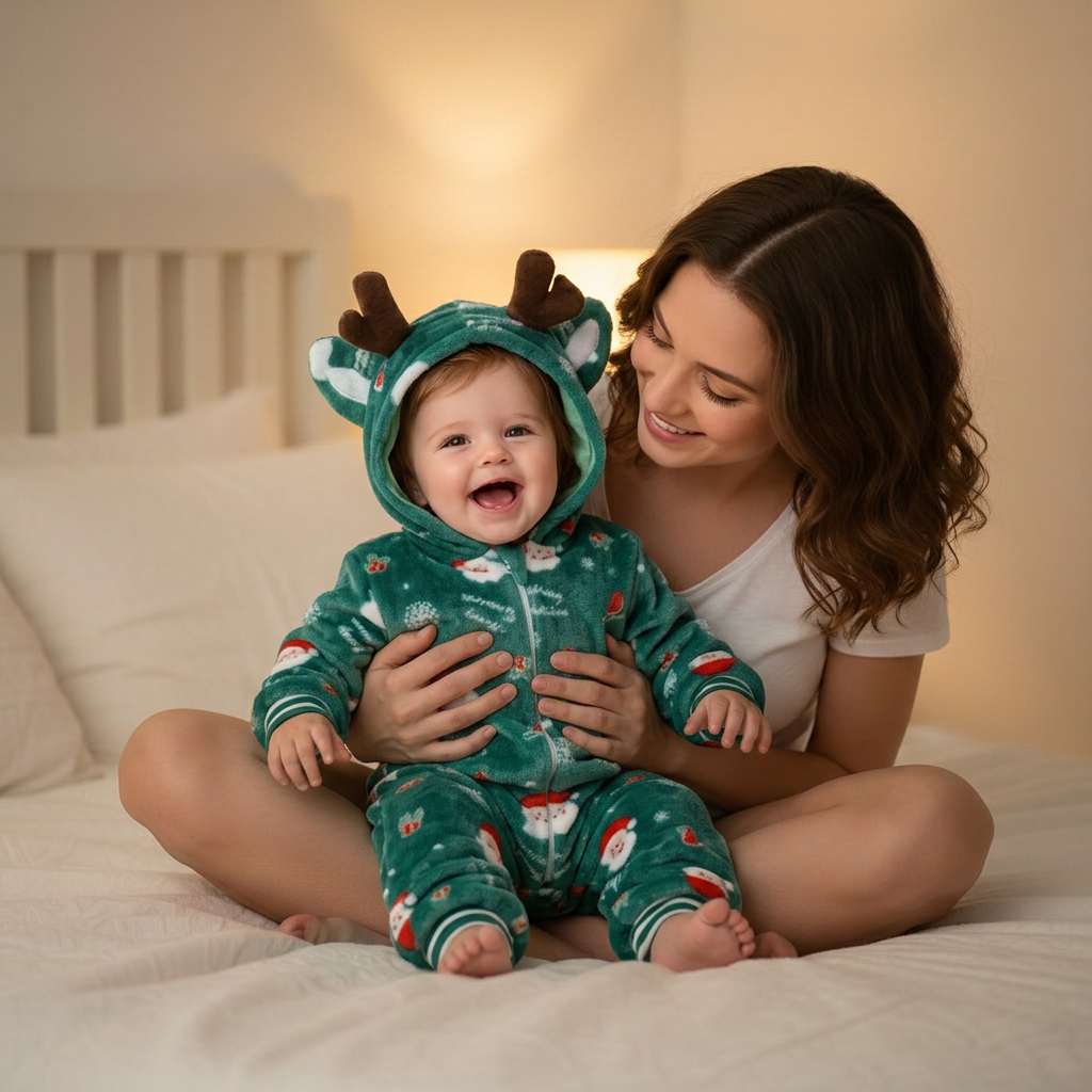 Maman et bébé en pyjama Noël vert
