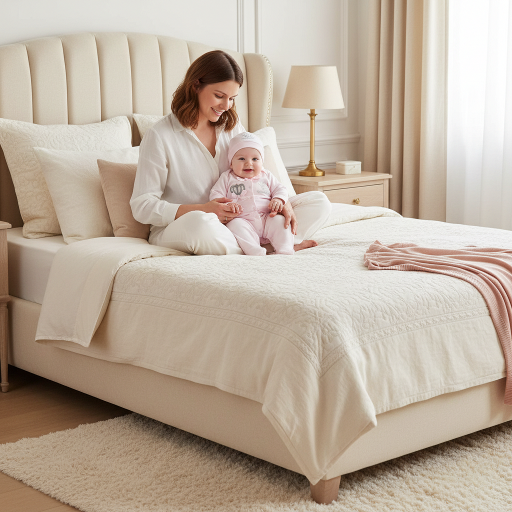 Maman et petite fille en pyjama rose sur un lit élégant et haut de gamme