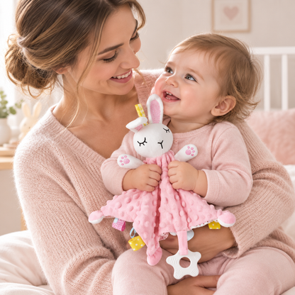 Maman et sa fille souriantes, tenant le doudou lapin rose