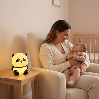 Maman et sa petite fille avec la veilleuse panda assis